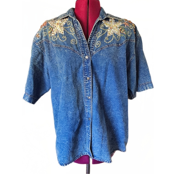 Pretty Bleu 1990s Vintage Womens Cottage Shirt Medium Acid Wash Denim - Picture 1 of 14